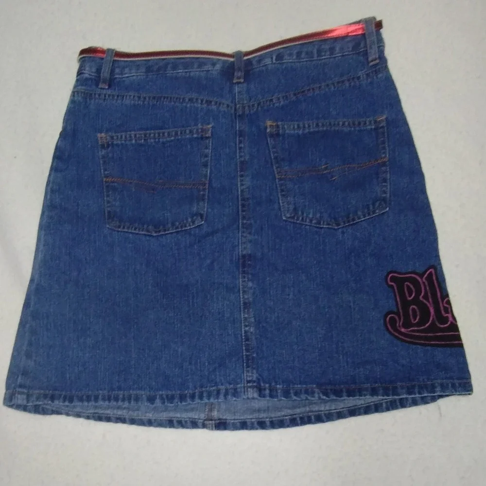 Blue Heart Jeans Denim Mini Skirt Y2K Heart Dice Painted Patches Womens  Size 16